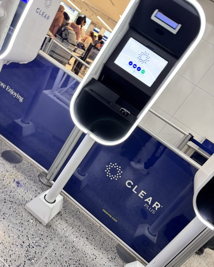 Close-up of a CLEAR pod screen and scanner slot at the checkpoint, November 2023